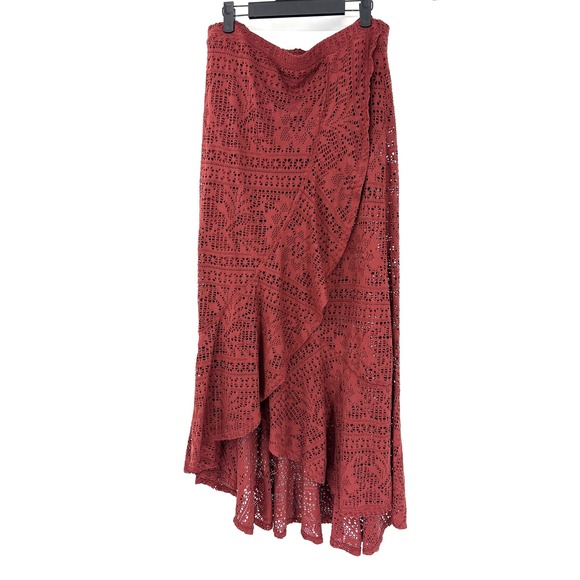 Free People Dresses & Skirts - Free People Beach Crochet Maxi Skirt Burgundy Ruffle High Low Wrap Large